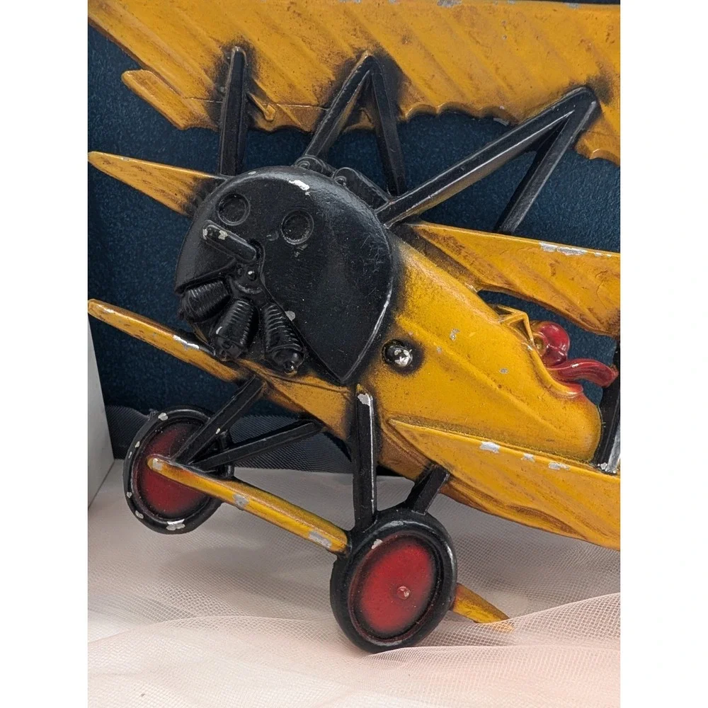 HOMCO USA Metal Biplane Wall Plaque Lot of 2 Yellow & Red Airplane Decor